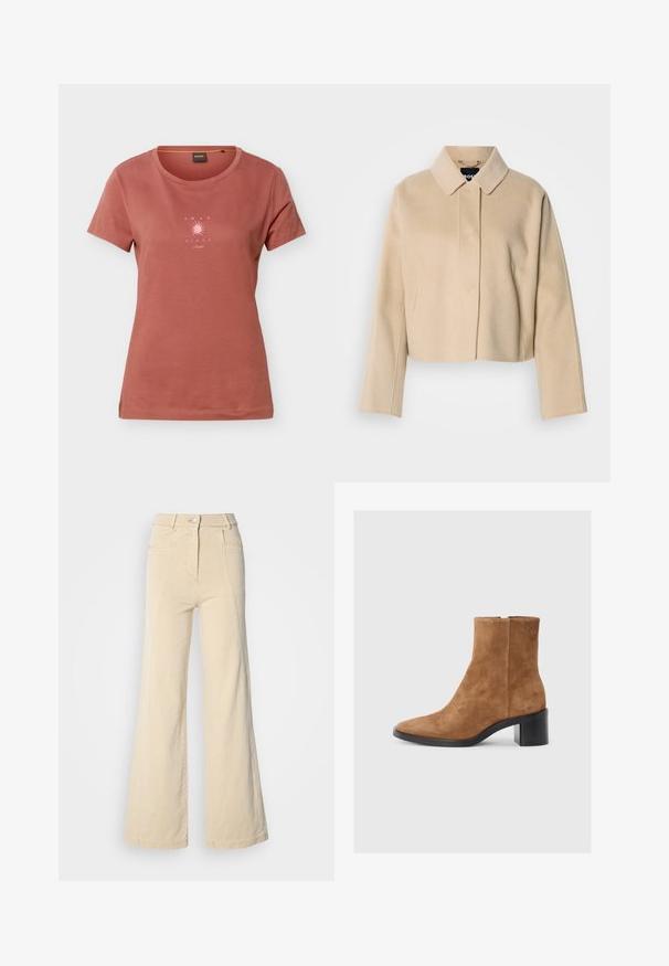 Manteau court beige avec une texture en laine lisse, col pointu et manches longues. Présente une patte de boutonnage à l'avant sans attaches visibles.; T-shirt à manches courtes couleur rouille avec un col rond et un petit graphisme de soleil rose avec le texte "AMAR EL SOL" sur la poitrine.; Jeans beige à jambes larges avec taille haute, poches avant, et couture contrastée, dotés d'une fermeture à bouton et d'une texture en coton lisse.; Bottine en suede marron avec un bout pointu, un talon moyen rectangulaire et un discret logo en relief. Fermeture éclair sur le côté.