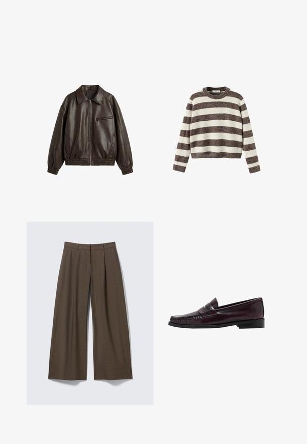 Mørkebrun læderjakke med frontlynlås, elastiske manchetter og kant, krave, to sidelommer og en brystlomme med lynlås.; Stripet pullover sweater i creme og mørkebrun. Ribstrikket rund hals, lange ærmer og en kortet kant. Blød tekstur med en afslappet pasform.; Brune viddebenede bukser med nålestriber, bæltestropper og forreste plisseringer, vist fladt på en lysegrå baggrund.; Mænds mørkebrune læder penny loafers med sort sål og syning langs tåen, vist i sideprofil.