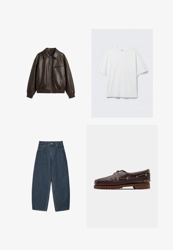 Veste en cuir marron foncé avec une fermeture éclair à l'avant, poignets et ourlet élastiques, un col, deux poches latérales et une poche poitrine zippée.; T-shirt blanc surdimensionné en coton à manches courtes avec col rond et une petite étiquette de marque à l'intérieur du col.; Jeans en denim bleu foncé à jambes larges avec une taille haute, dotés de cinq poches et de détails de couture visibles. Design épuré et minimal.; Bateau en cuir marron avec des œillets dorés, des lacets ronds et une semelle en caoutchouc marron texturée. Présente des détails de couture et un logo en relief.