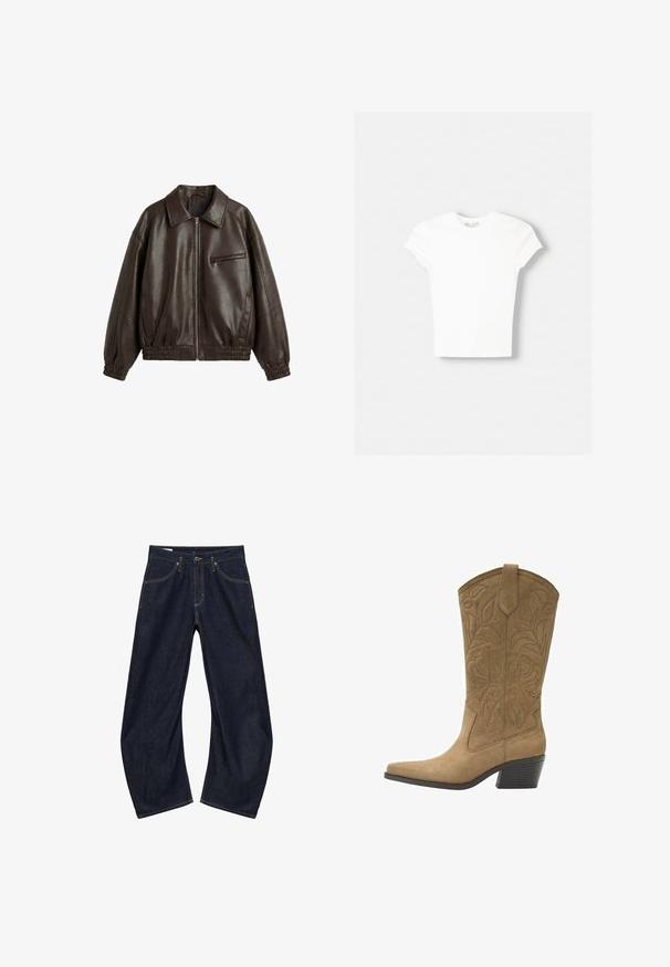 Veste en cuir marron foncé avec une fermeture éclair à l'avant, poignets et ourlet élastiques, un col, deux poches latérales et une poche poitrine zippée.; T-shirt blanc à manches courtes en coton doux, avec un col rond et une coupe ajustée. Pas de motifs ni d'ornements visibles.; Jean denim bleu foncé à jambes larges avec poches avant, passants pour ceinture et fermeture bouton, posé à plat sur fond blanc.; Botte de cow-boy en daim tan avec broderie florale, bout pointu, languette de tirage et talon empilé de hauteur moyenne.