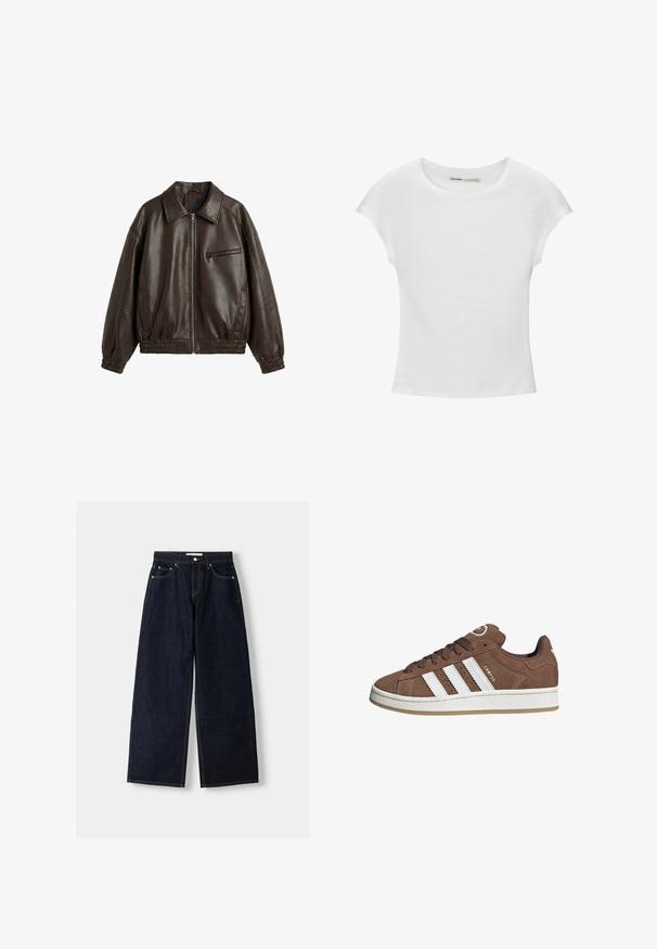 Donkerbruine leren jas met een ritssluiting aan de voorkant, elastische manchetten en zoom, een kraag, twee zijzakken en een borstzak met rits.; Witte katoenen T-shirt met korte, opgerolde mouwen, een ronde halslijn en een rechte zoom. Gladde textuur zonder zichtbare patronen of accenten.; Donkerblauwe denim wijduitlopende jeans met een hoge taille, vijf zakken, contrasterende stiksels en zilveren metalen hardware. Gladde textuur en een nette afwerking.; Bruine suède sneaker met witte leren strepen, rubberen zool, ronde neus en vetersluiting. Kenmerkt zich door een logo op de tong en geperforeerde accenten.