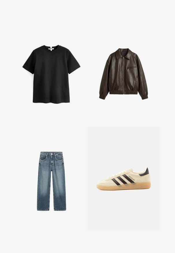 Donkerbruine leren jas met een ritssluiting aan de voorkant, elastische manchetten en zoom, een kraag, twee zijzakken en een borstzak met rits.; Zwarte korte mouwen t-shirt van soepele katoen, met een ronde hals en een rechte zoom. Eenvoudig, minimaal ontwerp zonder patronen.; Blauwe rechte jeans met een middelhoge taille, vijf zakken en vervaagde details aan de voorkant, getoond op een witte achtergrond.; Crèmekleurige suède sneaker met zwarte strepen, rubberen zool, zwart hieltabje en gouden "SPEZIAL" tekst aan de zijkant.