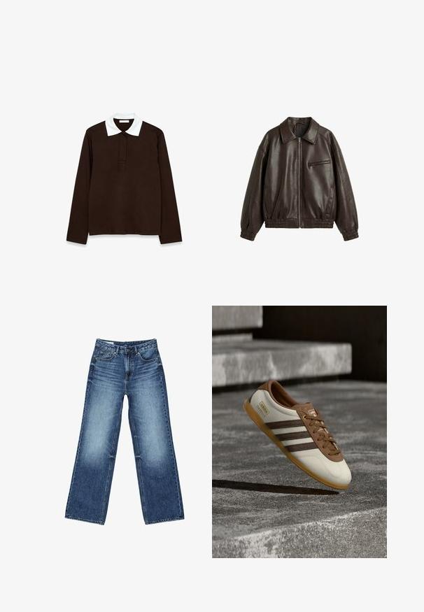 Donkerbruine leren jas met een ritssluiting aan de voorkant, elastische manchetten en zoom, een kraag, twee zijzakken en een borstzak met rits.; Langsleeve polo shirt in donkerbruin stof met een witte, gestructureerde kraag en een drie-knops stolp. Glad, comfortabel materiaal.; Blauwe denim jeans met wijde pijpen, voorzakken en muntzakje, knoopsluiting en een vervaagde wassing op de dijen en knieën.; Witte en bruine Adidas Gazelle sneaker met gumzool zwevend boven stenen trappen en grond in een buitenomgeving.
