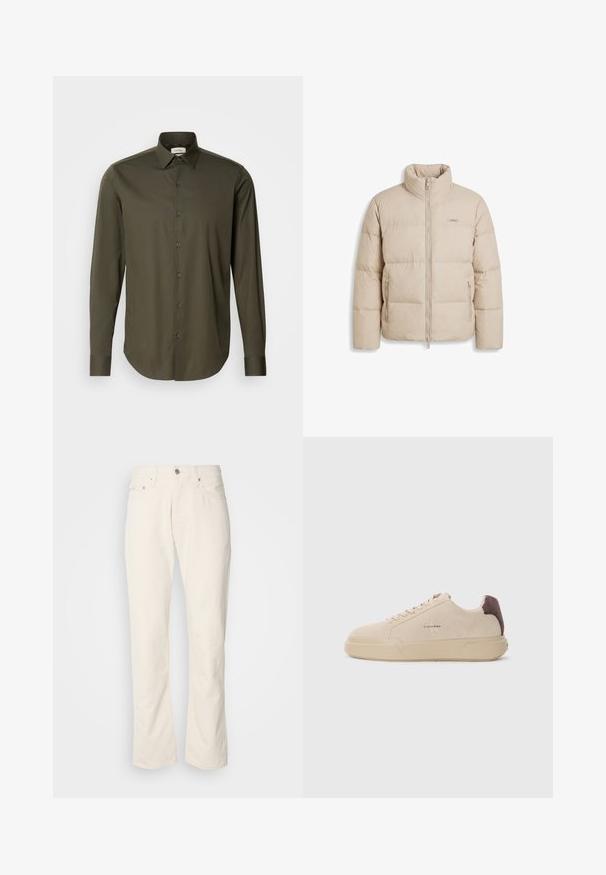 Beige dunjakke med høj krave, frontlynlås, to lynlåslommer i siderne og lille logopatch på venstre bryst.; Calvin Klein SLIM - Skjorter - forest; Beige bomuldsjeans med et klassisk lige ben-design, der har en forreste knaplukning, fem lommer og diskrete syninger.; Beige ruskind sneakers med rund tå, snørret foran og en brun ruskindsdetalje på hælen. Har en tekstureret gummisål.