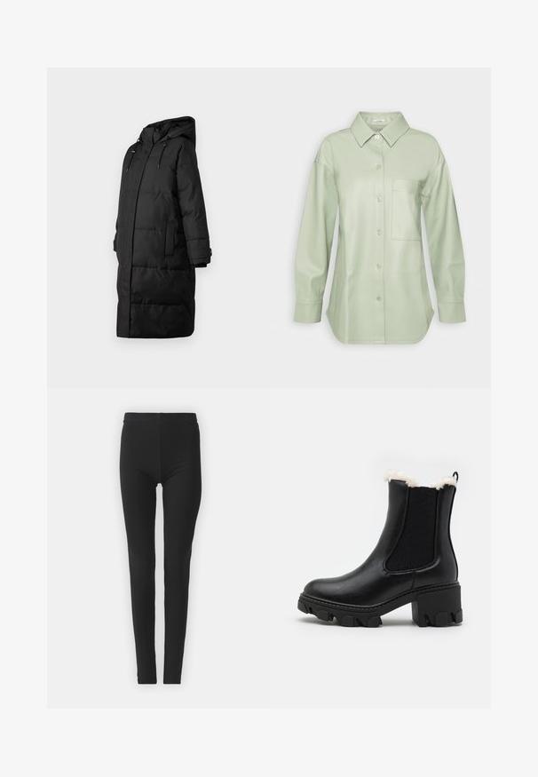 Zwarte pufferjas met een capuchon, voorzakken en een lange snit. Gemaakt van een gladde stof met een gewatteerde textuur en een verborgen rits.; Abercrombie & Fitch Overhemdblouse - desert sage; Zwarte, rekbare leggings met een strakke pasvorm, uitgerust met een hoge tailleband en een gladde textuur. Geen zichtbare patronen of hardwaredetails.; Zwarte leren enkelboot met een stevige blokhak, elastische zijpanelen en een nep-vachtafwerking aan de bovenkant. Gekartelde rubberen zool.