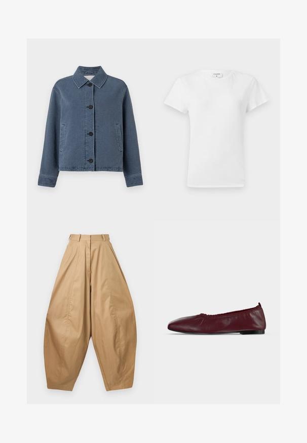 Veste bleue texturée avec col, fermeture à boutons sur le devant et deux poches latérales. Elle présente un design côtelé et des manches longues.; T-shirt en coton blanc avec un col rond et des manches courtes, présentant une coupe décontractée et un design minimaliste. Étiquette visible au niveau du cou.; Pantalons beiges taille haute, jambes larges avec des plis, passants de ceinture et ourlets fuselés, présentés sur un fond blanc.; Ballerine plate en cuir bordeaux avec bord supérieur élastique froncé et fine semelle noire sur fond blanc.