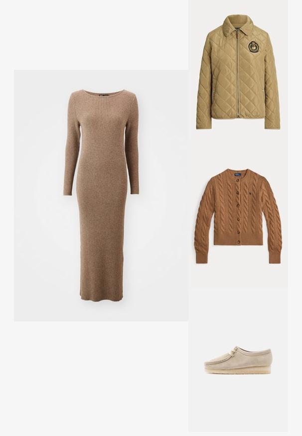 Beige gesteppte Jacke mit durchgehendem Reißverschluss, umgeschlagenem Kragen, Seitentaschen mit Druckknöpfen und besticktem Wappen auf der linken Brust.; Brauner Strickcardigan mit Rundhalsausschnitt, Knopfverschluss, langen Ärmeln, gerippten Bündchen und Saum sowie einem kleinen gestickten Logo auf der Brust.; Langärmliges, geripptes Kleid in einem warmen Braunton, mit rundem Ausschnitt und taillierter Passform, das bis zu den Knöcheln reicht.; Beiger Wildleder-Casual-Schuh mit Schnürung vorne und Kreppsohle, von der Außenseite vor hellem, einfarbigem Hintergrund gezeigt.