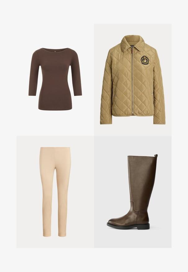 Beige quiltet jakke med fuld lynlås, foldet krave, sidelommer med trykknapper og broderet våbenskjold på venstre bryst.; Brun langærmet top med rund halsudskæring, lavet af blødt materiale. Har et tætsiddende design og en glat tekstur.; Beige slim-fit ankellange bukser med en glat finish og uden synlige lommer eller pynt på en ensfarvet baggrund.; Brune læderknæstøvle med en glat tekstur, rund tå, lav sort hæl og en trækstrop øverst til nem påklædning.
