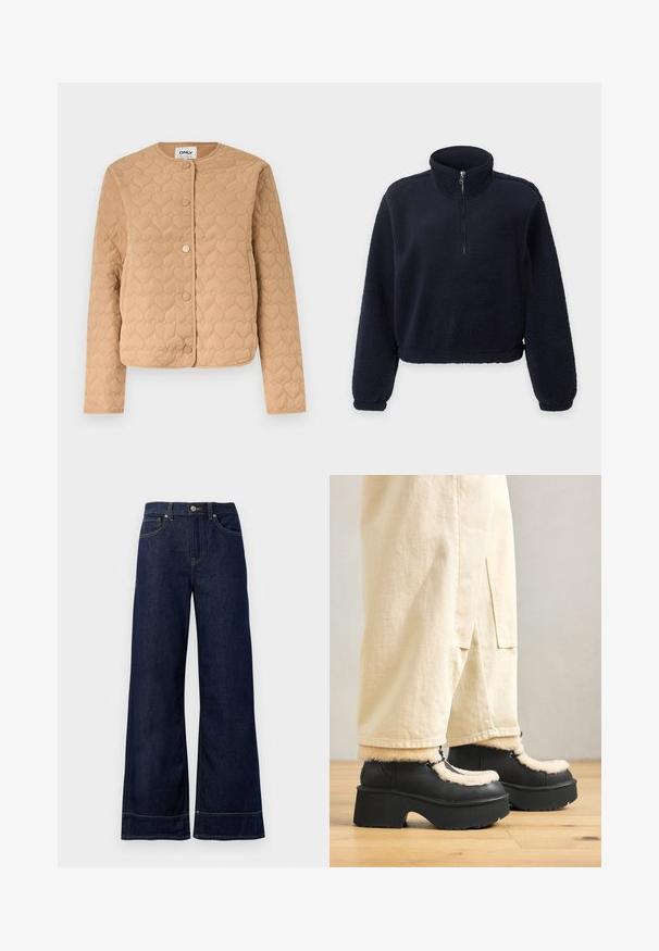 Beige quiltet jakke med hjertemønster-syninger, rund halsudskæring, lange ærmer og forreste trykknaplukning.; Marineblå fleece-pullover med lange ærmer, halvlange lynlås foran, høj krave og elastiske manchetter og kant.; Mørkeblå brede jeans lavet af denim. Har en knaplukning, stikninger og sidelommer. Udfoldet nederste kant.; Sorte platformstøvler med en rund tå, der har en fluffy cremefarvet krave og snøre detaljer, parret med løse beige bukser på et trægulv.
