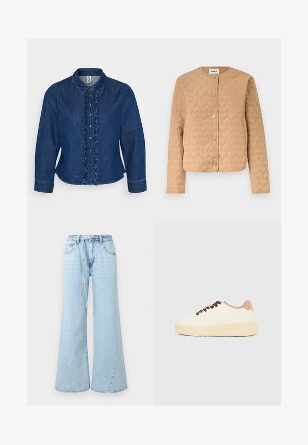 Beige gewatteerd jack met hartvormige stiksels, ronde halslijn, lange mouwen en drukknoopsluiting aan de voorkant.; Donkerblauwe denim button-up shirt met een gerimpeld voorpand, kraag en lange mouwen. Het ontwerp bevat zilveren knopen en een getailleerde pasvorm.; Lichtblauwe jeans met wijde pijpen, voorzakken, riemlussen en een losse strikceintuur in de taille op een effen achtergrond.; Beige lage sneaker met dikke zool, geperforeerde neus, roze hielkraag en donkerbruine veters op een effen lichtgrijze achtergrond.