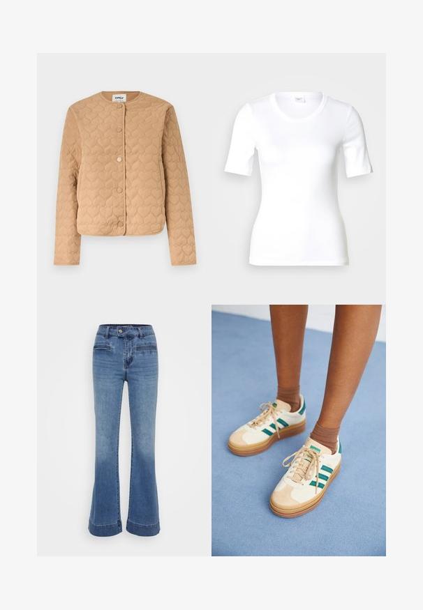 Beige gewatteerd jack met hartvormige stiksels, ronde halslijn, lange mouwen en drukknoopsluiting aan de voorkant.; Wit T-shirt met korte mouwen van glad katoen, met een ronde halslijn en een aangesloten pasvorm. Klassiek ontwerp, zonder patronen of accenten.; Flared denim jeans in medium blue met een hoge taille, voorzakken en contrasterende stiksels. De stof is zacht met een licht versleten afwerking.; Beige sneakers met donkergroene strepen, rubberen zool, bovenwerk van suede en textiel, en neutrale hardware, gecombineerd met bruine sokken op een lichtblauwe ondergrond.