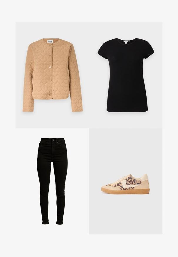 Beige gesteppte Jacke mit herzförmiger Steppung, rundem Ausschnitt, langen Ärmeln und vorne mit Druckknöpfen zu schließen.; Schwarzes, kurzärmeliges, geripptes, eng anliegendes T-Shirt mit Rundhalsausschnitt, flach auf einem hellen Hintergrund präsentiert.; Schwarze hochgeschnittene Skinny-Jeans aus Denim mit leichtem Stretch, ausgestattet mit einem Reißverschluss, einem einzelnen Knopfverschluss und einem Fünf-Taschen-Design.; Löwenmuster-Sneaker mit beige Wildleder-Obermaterial, tanfarbener Gummisohle und weißen Akzenten. Runde Zehenform und Schnürdesign mit strukturiertem Finish.