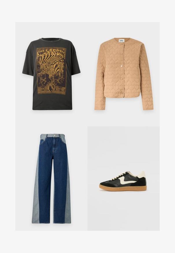 Veste matelassée beige avec piqûres en forme de cœur, encolure ronde, manches longues, et fermeture avant à boutons-pression.; T-shirt en coton noir avec un imprimé graphique doré de squelettes et de texte, à coupe décontractée et manches courtes.; Jean en denim avec une taille haute, une coupe à jambes larges et un design en blocs de couleurs avec des panneaux bleu foncé et bleu clair. Fermeture avant par un bouton argenté.; Baskets en daim et cuir noir avec un swoosh latéral crème et un talon crème clair. Dotées de lacets beige et d'une semelle en caoutchouc gomme.