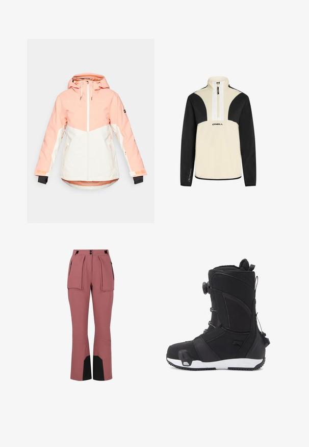 Veste d'hiver pour femmes en pêche clair et blanc, dotée d'une capuche, d'une fermeture éclair, de poignets ajustables et de poches latérales. Tissu lisse et résistant à l'eau.; Pull en demi-fermeture éclair crème et noir, en tissu doux, avec des manches et des épaules noires, zipper blanc, logo O'Neill sur le devant.; Pantalon de ski rose imperméable, coupe droite, devant plissé, deux poches latérales et accents noirs aux chevilles.; DC Shoes LOTUS STEP ON - Bottes de neige - black