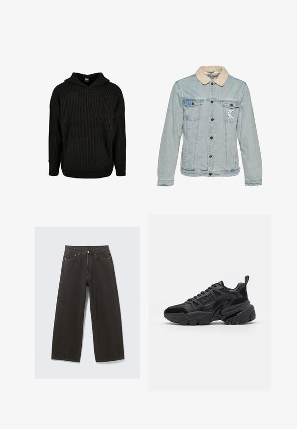 Veste en denim bleu clair avec un col en fourrure beige, fermeture à boutons sur le devant, poches poitrine et détail de logo brodé sur le côté gauche.; Hoodie noir en tricot côtelé avec une poche avant et une capuche à cordon. Présente une coupe ample et un motif texturé sur le tissu.; Des jeans en denim noir à jambe large présentent une taille haute, un design à cinq poches et une fermeture à bouton. Le tissu a une finition douce et texturée.; Baskets noires présentant un mélange de matériaux lisses et texturés, une semelle épaisse, un design à lacets et des accents latéraux distincts.