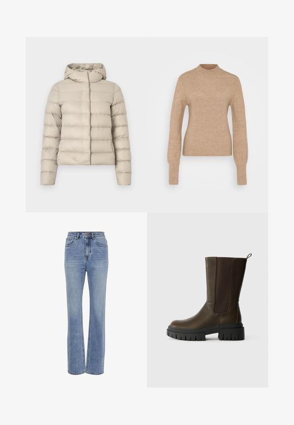 Beige toppatakki tikatussa kuosissa, jossa on huppu ja pitkät hihat. Materiaali näyttää kiiltävältä ja sileältä, ja takissa on istuva leikkaus.; Beige ribbattu neulepusero, jossa on mock neck, pitkät hihat ja istuva malli. Pehmeä rakenne, jossa on sileä pinta. Minimalistinen muotoilu; ei kuvioita.; Vaaleansiniset denim-farkut korkealla vyötäröllä, suoraa lahjetta, viisi taskua, näkyvää ompelua ja hieman haalistunut pinta.; Ruske kožne gležnjače s elastičnim bočnim panelima, debelim crnim gumastim đonom i petljom za lako obuvanje. Glatka tekstura i moderni dizajn.