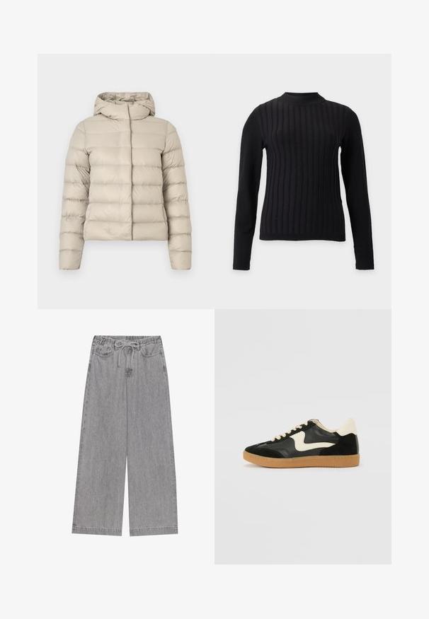 Beige dynejakke med quiltet mønster, der har hætte og lange ærmer. Materialet virker skinnende og glat med en figursyet pasform.; Sort ribstrikket langærmet sweater med høj hals og tætsiddende silhuet på en ensartet lysegrå baggrund.; Grå vide bukser lavet af denim, med en elastisk talje og snøre, to forlommer og et lige ben-design.; Sorte ruskinds- og lædersneakers med en cremefarvet side-swoosh og lys cremefarvet hæl. Har beige snørebånd og en gummirubber-sål.