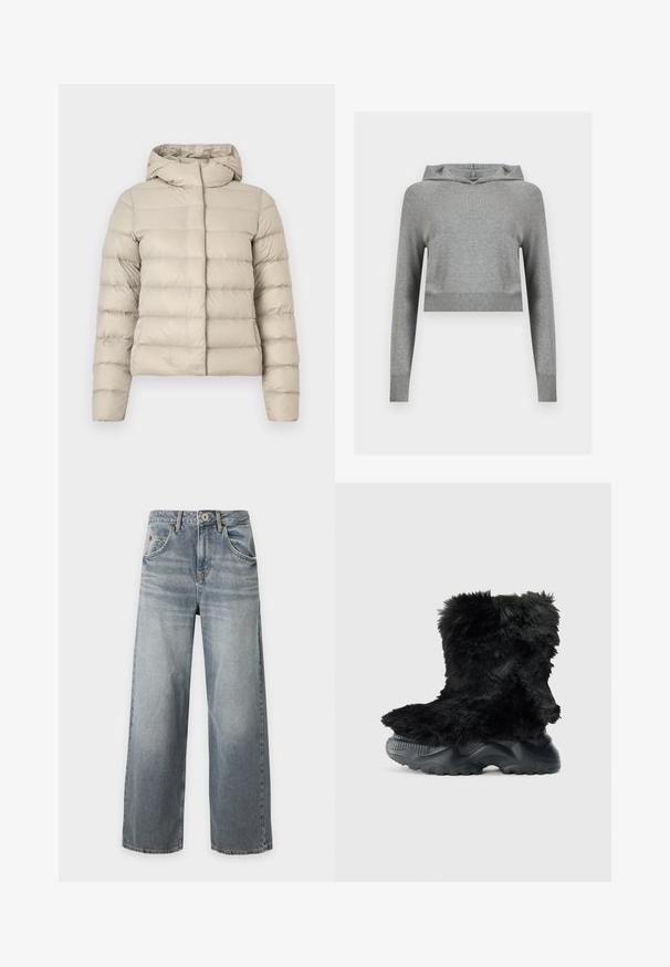 Beige dynejakke med quiltet mønster, der har hætte og lange ærmer. Materialet virker skinnende og glat med en figursyet pasform.; Grå cropped strikket hættetrøje med lange ærmer og ribkant ved manchetter og kant, vist på en ensfarvet lys baggrund.; Lyseblå jeans med brede ben og falmet vask, frontknap og lynlåslukning, for- og baglommer samt bæltestropper, lagt fladt på hvid baggrund.; Sort, fuzzy ankelstøvle med en struktureret overdel, der har en tykk sort gummisål og et mønster for greb og stabilitet.
