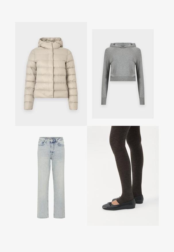 Chaqueta acolchada beige con diseño acolchado, que incluye una capucha y mangas largas. El material parece brillante y suave, con un corte ajustado.; Sudadera con capucha gris recortada de punto con mangas largas y puños y dobladillo acanalados, mostrada sobre un fondo liso y claro.; My Essential Wardrobe WIDE 05 THE LOUIS 139 - Vaqueros boyfriend - light blue dirty wash; Piernas con leggings oscuros acanalados combinados con bailarinas negras que presentan pequeños detalles de lazo sobre un fondo blanco.