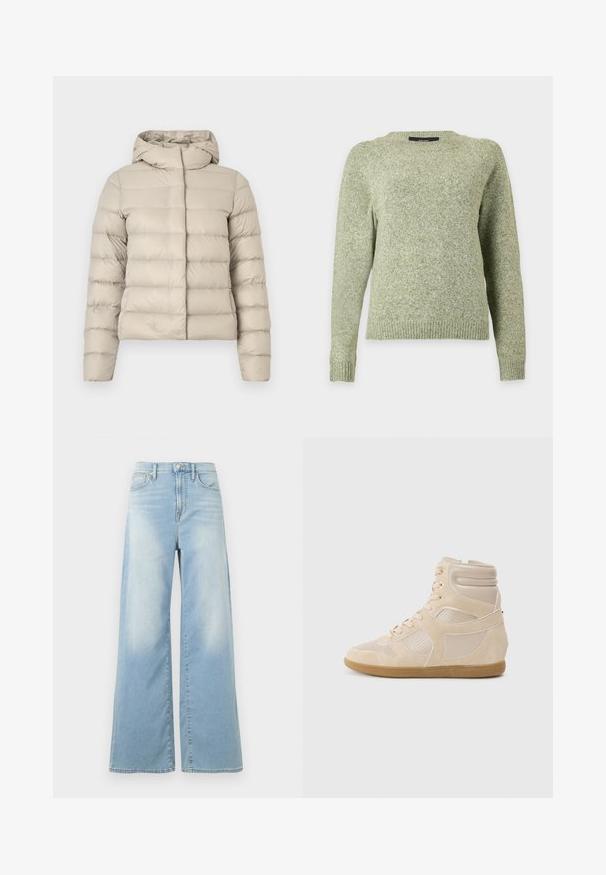 Beige dynejakke med quiltet mønster, der har hætte og lange ærmer. Materialet virker skinnende og glat med en figursyet pasform.; Lysegrøn strikket sweater med rund hals, lange ærmer og ribkant ved ærmer og kant, vist mod en ensfarvet baggrund.; Lyseblå jeans med vide ben og høj talje, forrest med knapper og lommer, vist mod en hvid baggrund.; Beige høj-top sneakers lavet af glat læder og ruskindsmaterialer. Perforerede paneler, tonede stikninger og en gummisål.