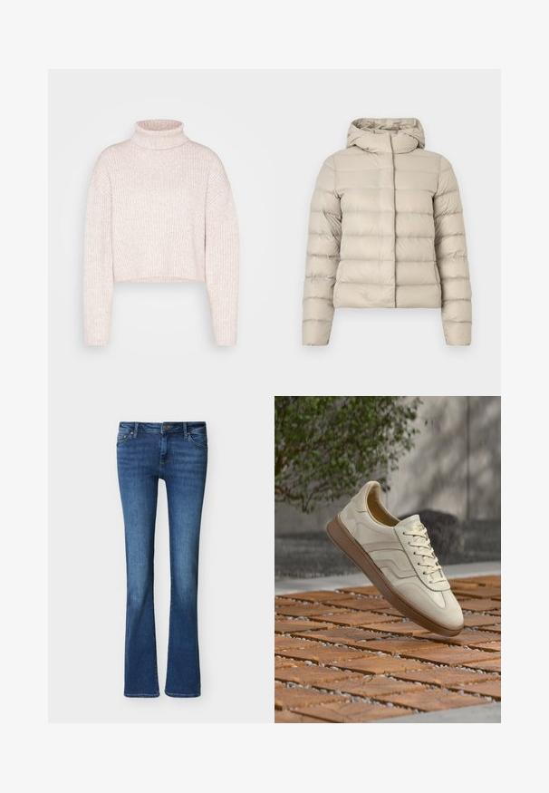 Chaqueta acolchada beige con diseño acolchado, que incluye una capucha y mangas largas. El material parece brillante y suave, con un corte ajustado.; Suéter de cuello alto de canalé en rosa claro, de longitud corta, con mangas largas y una textura suave. Diseño minimalista sin ninguna herrajes visibles.; Vaqueros azul vaquero de corte bota con bolsillos delanteros, trabillas para cinturón y cierre de botón, mostrados sobre un fondo blanco liso.; Zapatilla de color crema con suela de goma beige texturizada, diseño con cordones y sutiles detalles de marca en el lateral. Parte superior de cuero liso.