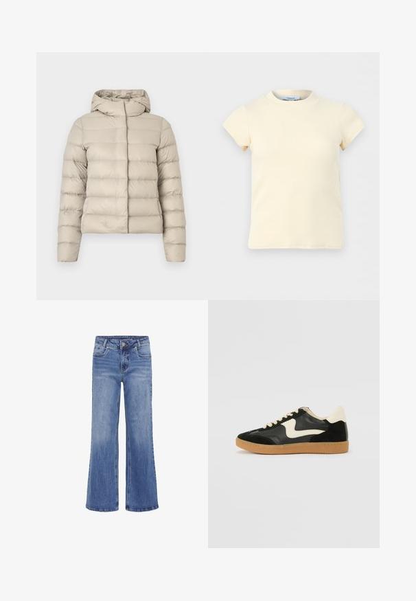 Beige toppatakki tikatussa kuosissa, jossa on huppu ja pitkät hihat. Materiaali näyttää kiiltävältä ja sileältä, ja takissa on istuva leikkaus.; Kermanvärinen, ribbineuloksesta valmistettu lyhythihainen paita pyöreällä kaula-aukolla, joustavasta kankaasta, esitetty yksinkertaisella vaaleanharmaalla taustalla.; My Essential Wardrobe MWLOUIS HIGH WIDE - Straight leg -farkut - medium blue wash; Mustat mokka- ja nahkakengät, joissa on kermaisen valkoinen sivupainatus ja vaalea kermaisine kantapää. Varustettu beigeillä nauhoilla ja kumista valmistetulla ulkopohjalla.