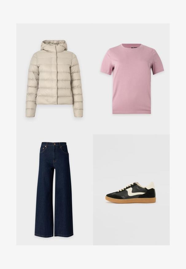 Veste matelassée beige avec un motif matelassé, dotée d'une capuche et de manches longues. Le matériau semble brillant et lisse avec une coupe ajustée.; T-shirt uni en coton rose pâle à manches courtes avec col rond, présenté sur un fond plat gris clair.; Jean en denim bleu foncé à jambes larges avec cinq poches et détails de rivets en cuivre sur un fond clair uni.; Baskets en daim et cuir noir avec un swoosh latéral crème et un talon crème clair. Dotées de lacets beige et d'une semelle en caoutchouc gomme.