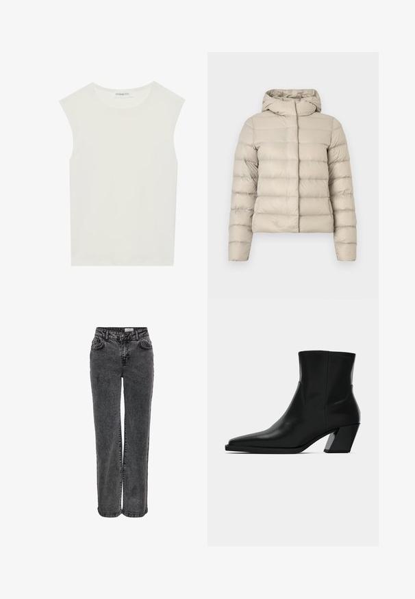 Veste matelassée beige avec un motif matelassé, dotée d'une capuche et de manches longues. Le matériau semble brillant et lisse avec une coupe ajustée.; Haut sans manches blanc avec un col rond. Fabriqué en tissu lisse, il présente une coupe décontractée et un design minimaliste. Pas de motifs ni d'accents.; Jeans en denim noir au design droit, avec poches avant, passants de ceinture et une texture légèrement délavée.; Bottine en cuir noir avec un bout pointu, une silhouette élégante et un talon carré massif. Texture lisse avec des détails de couture minimalistes.