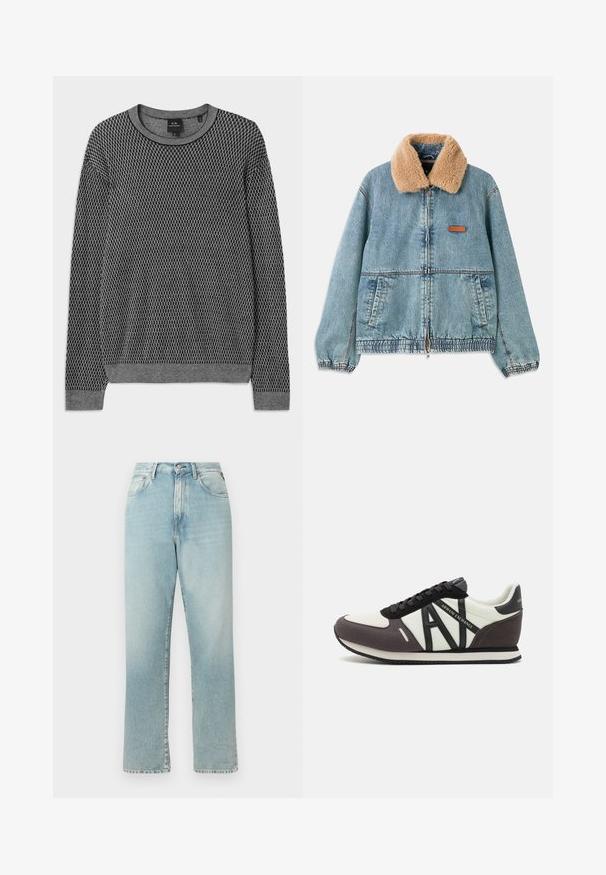 Chaqueta de denim con un cuello de piel sintética beige, cierre con cremallera en la parte delantera y dobladillo elástico. Incluye bolsillos laterales y un parche de logo en cuero en el pecho.; Suéter gris de punto con un patrón texturizado, escote redondeado y puños de canalé. Confeccionado con un material suave y ligero.; Jeans de mezclilla de talle alto y pierna recta en azul claro. Presentan un diseño clásico de cinco bolsillos y una bragueta con cierre de botón.; Zapatillas con un upper blanco y negro, con acentos de gamuza gris texturizada, un cierre con cordones negro y un logotipo prominente en el lateral.