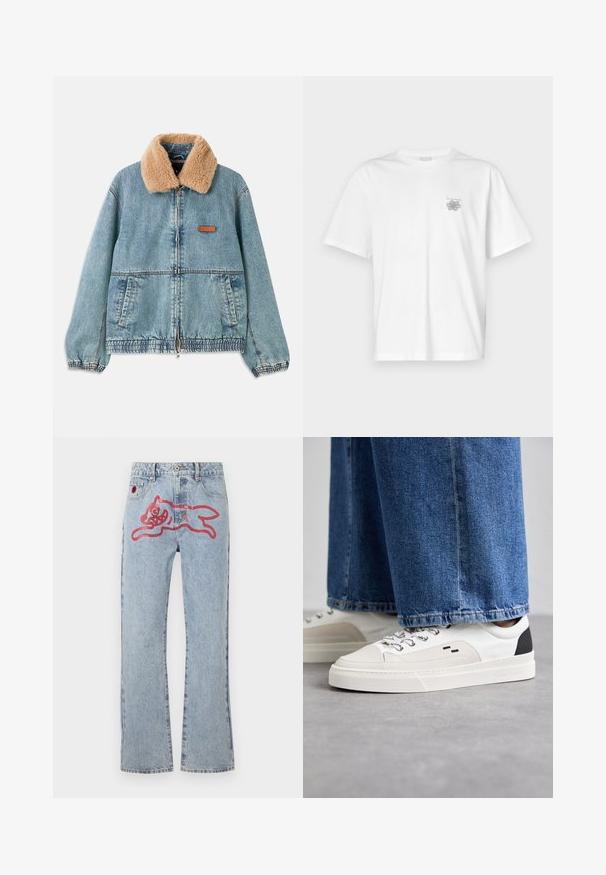 Denimjakke med en tan-faux fur krave, lynlås foran og elastisk kant. Har sidelommer og et læderlogo på brystet.; Hvid t-shirt lavet af bomuld med korte ærmer, rund halsudskæring og et lille gråt logo på venstre brystområde. Glat tekstur.; Lyseblå denimjeans med lige ben, med et stort rød, tegneserieagtigt kattegrafik på bagsiden og traditionel fem-lomme styling.; Hvide og sorte sneakers med en glat læderoverdel, teksturerede detaljer og en kraftig hvid sål. Har et klassisk snørebåndsdesign.