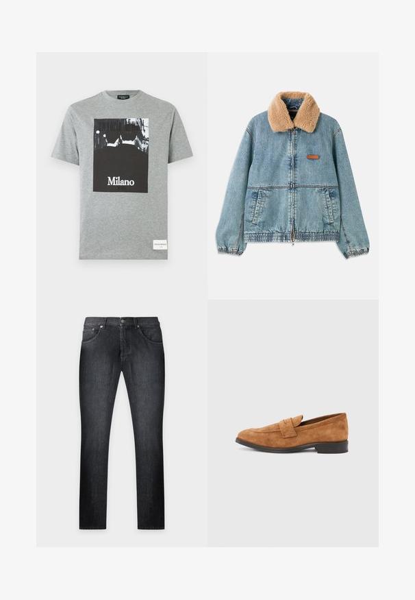 Denimjakke med en tan-faux fur krave, lynlås foran og elastisk kant. Har sidelommer og et læderlogo på brystet.; Grå bomulds T-shirt med et sort-hvidt grafisk print med teksten "Milano". Korte ærmer og rund halsudskæring, standard pasform.; Sorte slim-fit jeans med fem lommer og knaplukning, vist fladt på en lys baggrund.; Brun ruskindsloafer med lav hæl, der har en håndsyet detalje og en blød tekstur. Designet inkluderer en klassisk slip-on-silhuet.