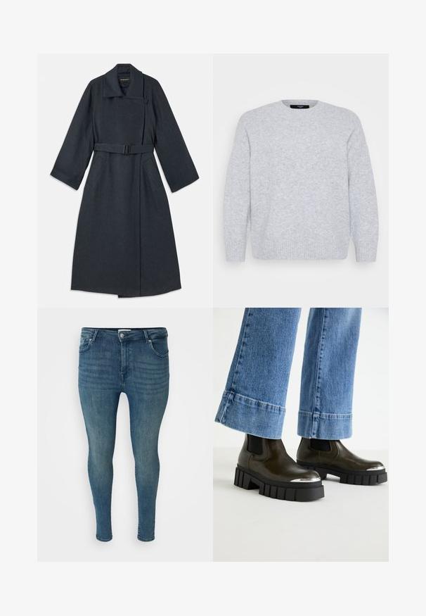 Abrigo gris oscuro con un cuello alto, cintura ceñida con cinturón, dos bolsillos laterales y mangas amplias. Fabricado con un tejido texturizado y un diseño limpio.; Vero Moda Curve Knitted VMCBOOM Knitted - Jersey de punto - light grey melange; Jeans ajustados en denim azul medio con una textura suave, diseño de cinco bolsillos, pasadores para cinturón y cierre de botón en la cintura.; Even&Odd Botines con plataforma - khaki