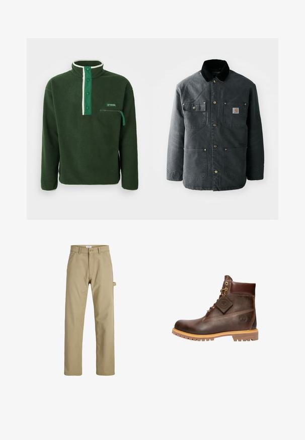 Chaqueta de lona gris oscuro con un cuello de pana negro, botones de presión de latón y dos bolsillos en el pecho con un parche de logo. Textura suave.; Polaire verde con cuello alto, que presenta una cremallera blanca en contraste, botones a presión y un bolsillo en el pecho con cremallera. Tejido texturizado.; Pantalones kaki de corte recto con trabillas para cinturón, botón delantero, cierre de cremallera, dos bolsillos delanteros y una anilla lateral para herramientas sobre fondo blanco.; Botín de cuero marrón hasta el tobillo con punta redonda, suela resistente, herrajes en tono dorado y parte superior texturizada. Incluye una etiqueta con el logo adjunta.