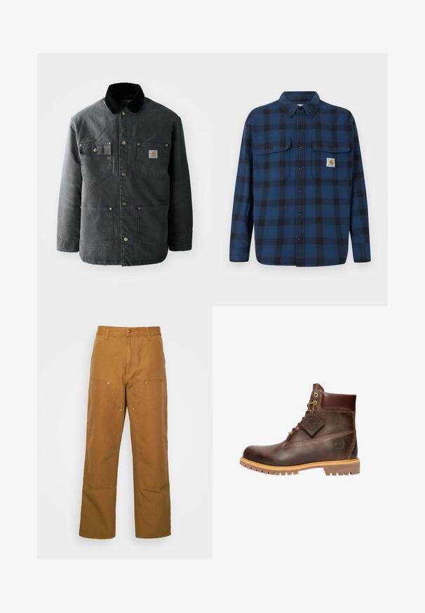 Dunkelgraue Segeltuchjacke mit einem schwarzen Cordkragen, Messing-Druckknöpfen und zwei Brusttaschen mit einem Logo-Patch. Angenehme Textur.; Blau-schwarzes karierter Flanellhemd mit langen Ärmeln, Knopfleiste vorne, zwei Brusttaschen und einem Markenetikett auf der linken Tasche.; Braune Baumwoll-Arbeitshosen mit geradem Bein, die über Vordertaschen und Metallakzente für zusätzliche Strapazierfähigkeit verfügen.; Braune Leder-Ankelstiefel mit runder Zehenpartie, robuster Sohle, goldfarbener Hardware und strukturiertem Obermaterial. Enthält ein angehängtes Logo-Tag.