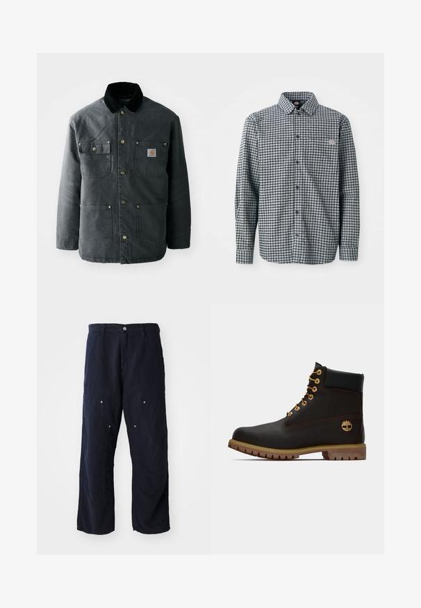 Chaqueta de lona gris oscuro con un cuello de pana negro, botones de presión de latón y dos bolsillos en el pecho con un parche de logo. Textura suave.; Camisa de cuadros en blanco y negro de manga larga con botones, cuello y un pequeño parche con logo en el bolsillo del pecho izquierdo.; Pantalones de pierna ancha color azul marino, hechos de algodón con un acabado texturizado. Presenta dos bolsillos delanteros con acentos de botón y un cierre delantero con botón.; Bota de cuero negro de tobillo con ojales dorados, acentos marrones y suela de goma. Presenta un cuello acolchado y un logotipo en relieve en el costado.
