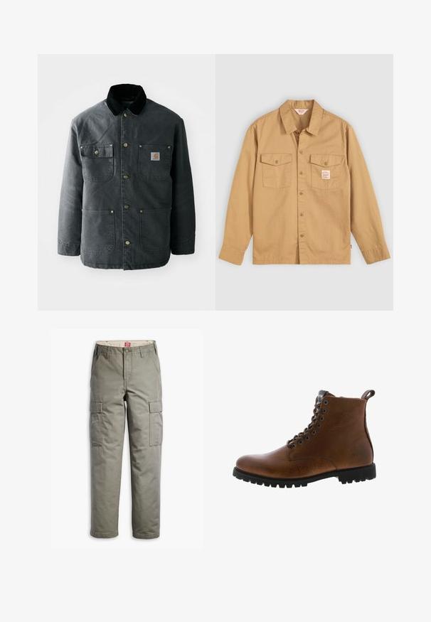 Dunkelgraue Segeltuchjacke mit einem schwarzen Cordkragen, Messing-Druckknöpfen und zwei Brusttaschen mit einem Logo-Patch. Angenehme Textur.; Beige Hemd mit langen Ärmeln, zwei Brusttaschen und einem kleinen Etikett. Hergestellt aus Baumwolle mit einer glatten Textur und klassischem Kragen-Design.; Cargo-Hosen in Olivgrün, aus strapazierfähigem Baumwollmix, mit seitlichen Taschen, einem geraden Bein-Design und Knopfverschluss.; Braune Lederstiefeletten mit strukturiertem Finish, metallischen Ösen und schwarzer Gummisohle. Mit Zuglasche hinten für einfaches An- und Ausziehen.