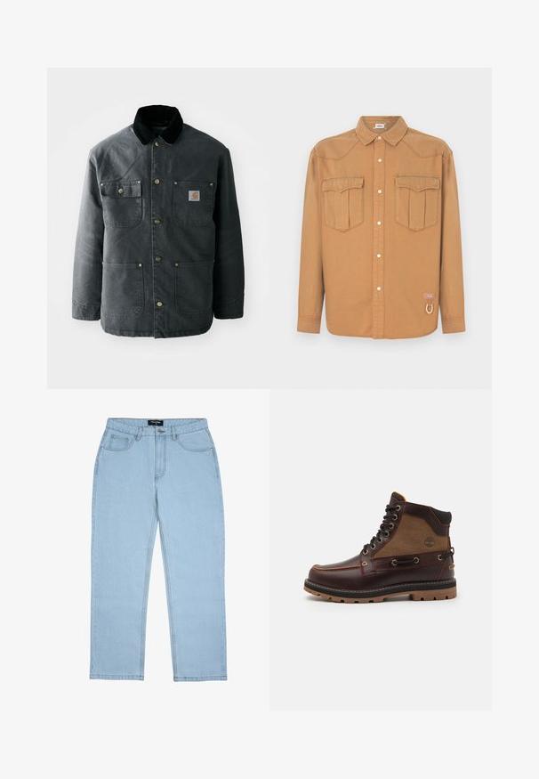 Chaqueta de lona gris oscuro con un cuello de pana negro, botones de presión de latón y dos bolsillos en el pecho con un parche de logo. Textura suave.; Camisa de mezclilla marrón con dos bolsillos en el pecho, cuello puntiagudo, cierre de botones en el frente y costuras en contraste. Presenta un parche con logo y detalle de presilla.; Jeans de pierna recta de color azul claro con bolsillos delanteros, trabillas para cinturón, cierre de botón y detalles de costura visibles.; Bota de cuero marrón con un panel de tela color beige, punta redonda, ojales de metal, suela de goma negra y detalles de costura. Presenta un logo en relieve en el costado.
