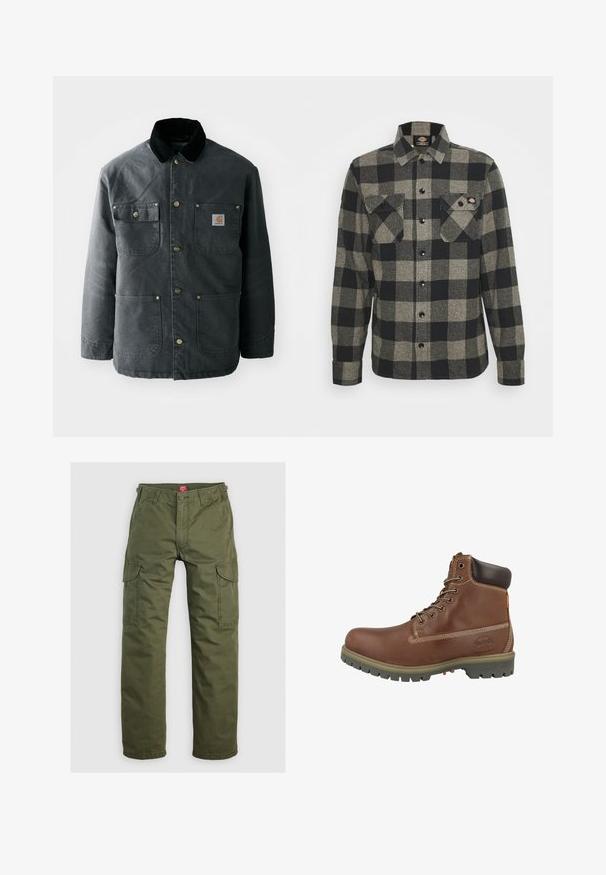 Chaqueta de lona gris oscuro con un cuello de pana negro, botones de presión de latón y dos bolsillos en el pecho con un parche de logo. Textura suave.; Camisa de franela a cuadros en negro y gris con mangas largas, cierre de botones en la parte delantera, dos bolsillos en el pecho y un dobladillo ligeramente curvado. Tejido texturizado.; Pantalones cargo verde oliva hechos de una tela duradera, con bolsillos laterales, cierre de botón y un diseño de pierna recta.; Botín de piel marrón con puntera redondeada, cuello acolchado, costuras blancas y suela de goma con patrón antideslizante.