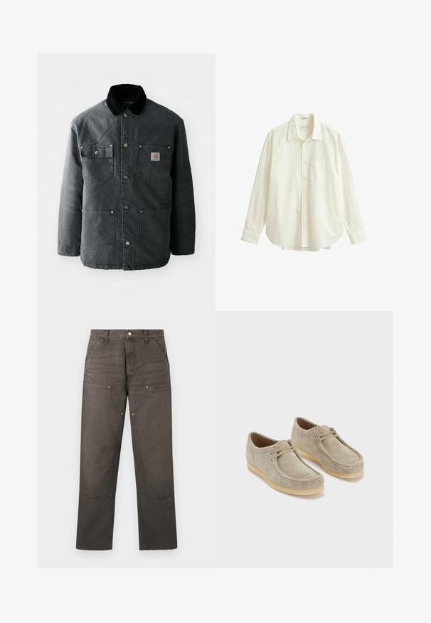 Donkergrijze canvas jas met een zwarte corduroy kraag, koperen drukknoopjes en twee borstzakken met een logo-opdruk. Soepele textuur.; Off-white overhemd met lange mouwen, knoopsluiting, borstzak aan de voorkant, klassieke kraag en afgeronde zoom, tentoongesteld tegen een witte achtergrond.; Bruine rechte werkbroek met versterkte kniezakken, voorzakken, lussen voor een riem en een knoopsluiting.; Beige suède schoenen met een ronde neus, zachte textuur en een rubberen zool. Heeft minimale veter en een eenvoudig ontwerp.