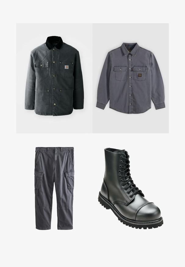 Dunkelgraue Segeltuchjacke mit einem schwarzen Cordkragen, Messing-Druckknöpfen und zwei Brusttaschen mit einem Logo-Patch. Angenehme Textur.; Langärmliges dunkelgraues Hemd mit Knöpfen und Kragen, zwei Brusttaschen mit Klappen und Knöpfen sowie einem kleinen rechteckigen Aufnäher auf der rechten Tasche.; Dunkelgraue Cargohose mit knöpfbarem Taillenbund, vorne schrägen Taschen und großen seitlichen Klappentaschen an beiden Beinen.; Schwarze Lederkampfstiefel mit hohem Knöchel, runder Zehenpartie, Schnürung vorne und robustem Gummisohle mit tiefem Profil für besseren Grip.