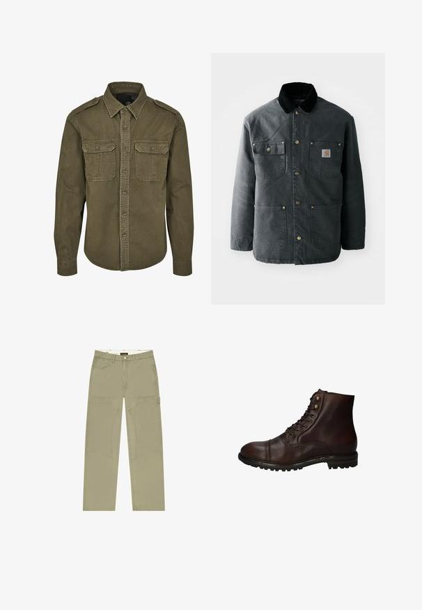 Dunkelgraue Segeltuchjacke mit einem schwarzen Cordkragen, Messing-Druckknöpfen und zwei Brusttaschen mit einem Logo-Patch. Angenehme Textur.; Olivgrünes Button-Down-Shirt aus Baumwolle. Verfügt über einen Kragen, zwei Brusttaschen mit Klappen und strukturierte Schultern mit sichtbaren Nähten.; Khakifarbene, weit geschnittene Hosen aus robustem Stoff, mit großen aufgesetzten Taschen und kontrastierenden Ziernähten. Knopfverschluss in der Taille.; Dunkelbraune Leder Schnürstiefelette mit robustem Gummisohlen und Metallösen, von der Außenseite betrachtet.