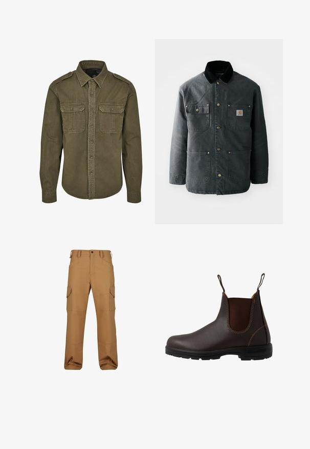 Chaqueta de lona gris oscuro con un cuello de pana negro, botones de presión de latón y dos bolsillos en el pecho con un parche de logo. Textura suave.; Camisa verde oliva de botones hecha de algodón. Cuenta con un cuello, dos bolsillos en el pecho con solapas y hombros estructurados con costuras visibles.; Pantalones cargo marrones fabricados con un tejido duradero, que cuentan con múltiples bolsillos, un corte relajado y detalles de costura reforzada.; Bota Chelsea de cuero marrón con panel elástico lateral, costuras marrones, tiradores y suela de goma resistente con un patrón texturizado.