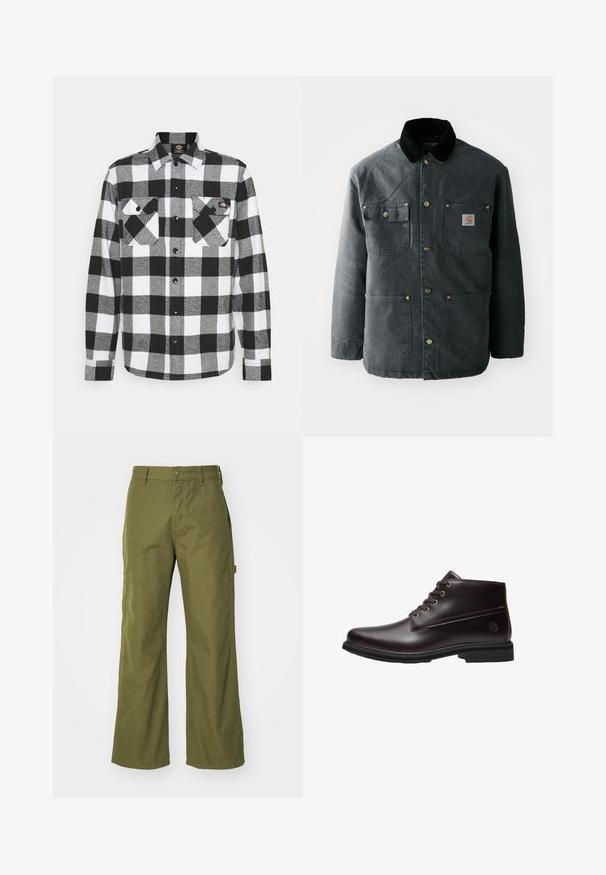 Chaqueta de lona gris oscuro con un cuello de pana negro, botones de presión de latón y dos bolsillos en el pecho con un parche de logo. Textura suave.; Camisa de franela en blanco y negro con un patrón de cuadros, que cuenta con dos bolsillos en el pecho, cierre frontal con botones y un cuello. Tela suave y texturizada.; Pantalones de pernera ancha en verde oliva, confeccionados con una tela resistente, que presentan un cierre de botón, bolsillos laterales y un diseño de dobladillo recto.; Botín de cuero marrón oscuro con cordones, suela negra y logo sutil de la marca en el lateral, mostrado de perfil sobre un fondo blanco.
