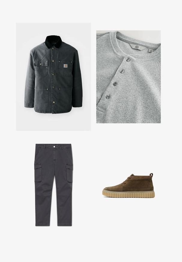 Dunkelgraue Segeltuchjacke mit einem schwarzen Cordkragen, Messing-Druckknöpfen und zwei Brusttaschen mit einem Logo-Patch. Angenehme Textur.; Graues, gestricktes Langarmshirt mit Rundhalsausschnitt, fünf Knöpfen, gerippter Textur und schlankem Schnitt. Das Etikett zeigt Größe M an.; Anthrazitgraue Cargohosen mit zwei vorderen Klappentaschen, seitlichen Einschubtaschen, Knopfverschluss, Gürtelschlaufen und verstärkten Knieeinsätzen.; Braune Wildleder-Stiefeletten mit runder Zehenform, minimalen Nähten und einer strukturierten, klobigen Gummisohle. Mit Schnürdesign und Fersenlasche.