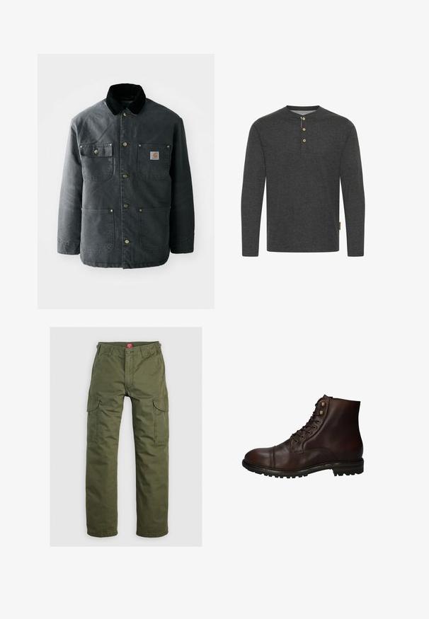 Mørkegrå canvasjakke med krave i sort kordfløjl, messing trykknapper og to brystlommer med et logo-patch. Glat tekstur.; Mørkegrå langærmet skjorte lavet af blødt stof, med en henley-udskæring og tre træknapper samt et sidelabel.; Olivengrønne cargo bukser lavet af slidstærkt stof, med sidelommer, knaplukning og lige ben design.; Mørkebrun læder snørebånd ankelstøvle med robuste gummisål og metaløjer, set fra den ydre side.