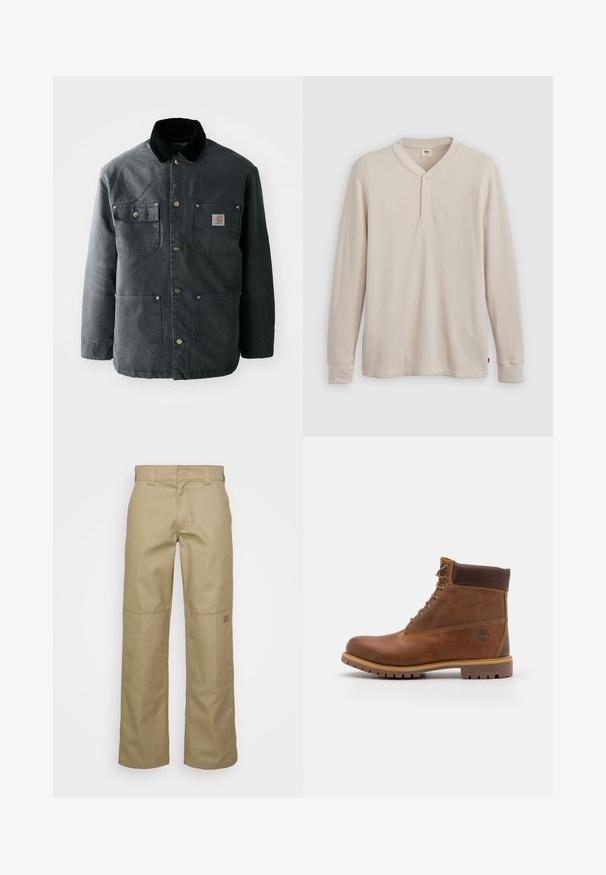 Chaqueta de lona gris oscuro con un cuello de pana negro, botones de presión de latón y dos bolsillos en el pecho con un parche de logo. Textura suave.; Camisa tipo henley de manga larga en tejido acanalado color beige claro, con escote en V,tapeta de tres botones, y mangas con puños. Etiqueta de logo roja en el dobladillo.; Pantalones de pierna ancha en color beige, confeccionados con una mezcla de algodón. Cuentan con parches de refuerzo en las rodillas y un pequeño parche con el logo en la parte superior de la pierna.; Botas de senderismo de cuero marrón con un acabado suave, tobillo acolchado, ojales de metal y suela de goma con un patrón de tracción robusto.