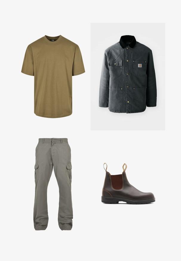 Chaqueta de lona gris oscuro con un cuello de pana negro, botones de presión de latón y dos bolsillos en el pecho con un parche de logo. Textura suave.; Camiseta de color verde oliva, de mangas cortas, con cuello redondo, fabricada en material de algodón, presenta un diseño liso sin patrones ni acentos.; Pantalones cargo gris claro de algodón, con dos bolsillos laterales, dos bolsillos cargo, diseño de pierna recta y cierre de cremallera.; Botas Chelsea de cuero marrón con paneles laterales elásticos y tiradores. Parte superior texturizada, suela de goma duradera y detalle de costura en contraste.