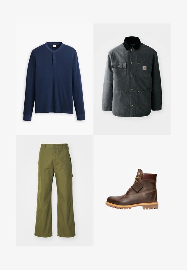 Veste en toile gris foncé avec un col en velours côtelé noir, boutons-pression en laiton et deux poches poitrine ornées d'un patch logo. Texture lisse.; Chemise henley à manches longues de couleur bleu marine en tissu côtelé. Présente un col rond et une patte de boutonnage à trois boutons. Les poignets sont ajustés.; Pantalons larges vert olive en tissu durable, dotés d'une fermeture à bouton, de poches latérales et d'un design à ourlet droit.; Bottine en cuir marron avec un bout rond, une semelle robuste, des éléments en doré et un dessus texturé. Comprend une étiquette de logo attachée.