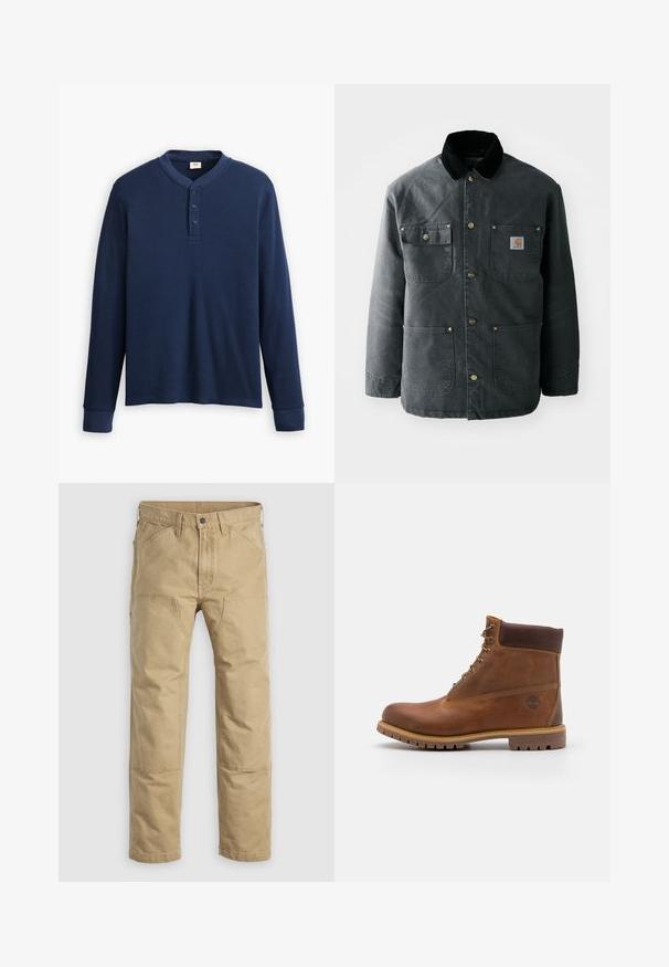 Dunkelgraue Segeltuchjacke mit einem schwarzen Cordkragen, Messing-Druckknöpfen und zwei Brusttaschen mit einem Logo-Patch. Angenehme Textur.; Langärmliges navyblaues Henley-Shirt aus geripptem Stoff. Mit rundem Ausschnitt und einer Knopfleiste mit drei Knöpfen. Die Bündchen sind schmal geschnitten.; Khakifarbene Arbeitshose aus robustem Baumwollstoff, mit geradem Bein, verstärkten Kniepolstern und mehreren Fronttaschen.; Braune Lederwanderschuhe mit glatter Oberfläche, gepolstertem Knöchel, Metallösen und einer Gummisohle mit robustem Profil.