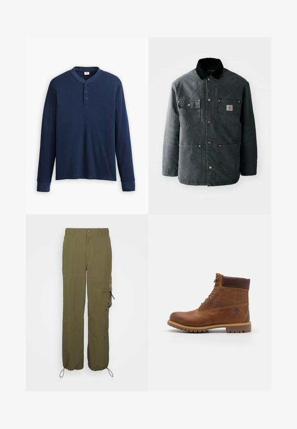Chaqueta de lona gris oscuro con un cuello de pana negro, botones de presión de latón y dos bolsillos en el pecho con un parche de logo. Textura suave.; Camisa henley de manga larga en color azul marino hecha de tela acanalada. Presenta un escote redondo y una tapeta de tres botones. Los puños son ajustados.; Pantalones cargo verde oliva hechos de tejido ligero. Las características incluyen un cierre de botón, bolsillos laterales y puños ajustables con cordones.; Botas de senderismo de cuero marrón con un acabado suave, tobillo acolchado, ojales de metal y suela de goma con un patrón de tracción robusto.
